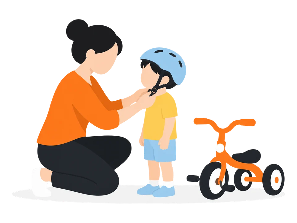 1. 乗る前に、ヘルメットを着けます。あごひもは指が1本入るくらいに。