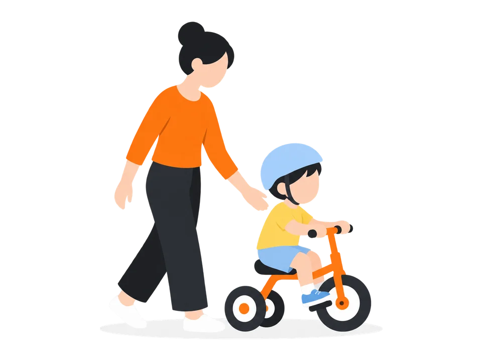 2. 平らで車の来ない広場で、ゆっくりこぎます。大人はすぐ横を歩きます。