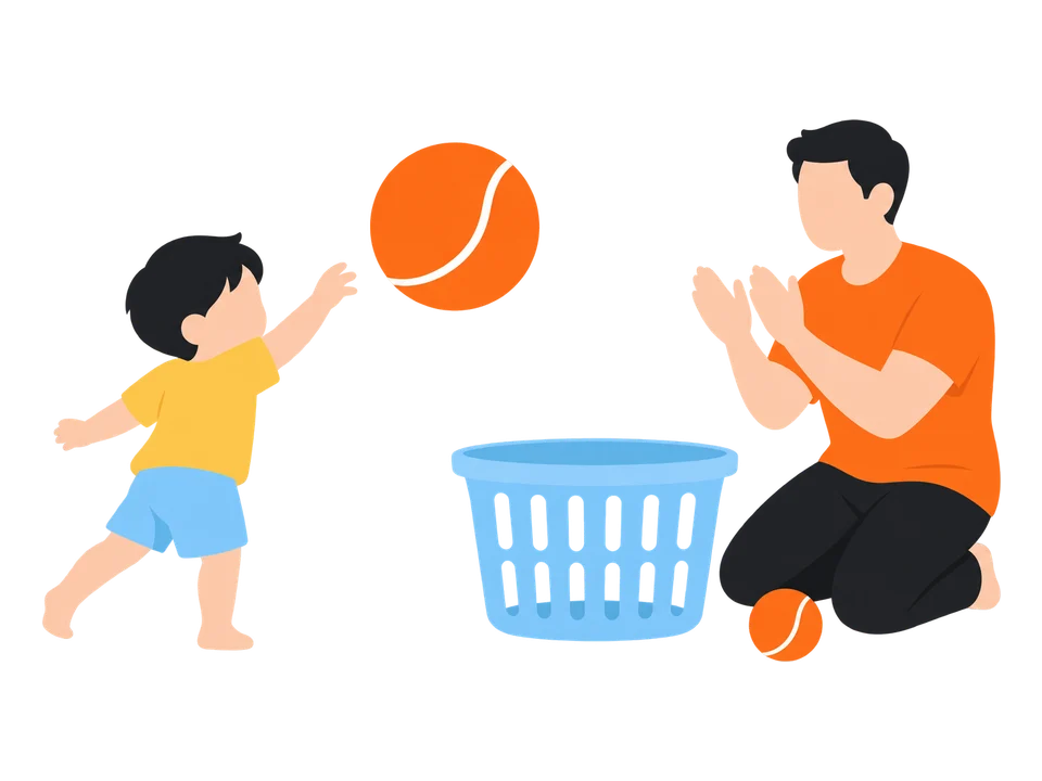 3. 慣れたら、洗濯かごや箱を的にして入れてみます。距離は少しずつのばします。