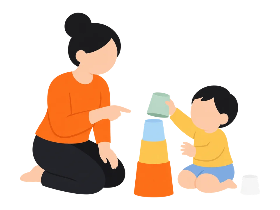 3. 入れ子にしたり、ふせて積んだりします。積んだら崩して、またくり返します。