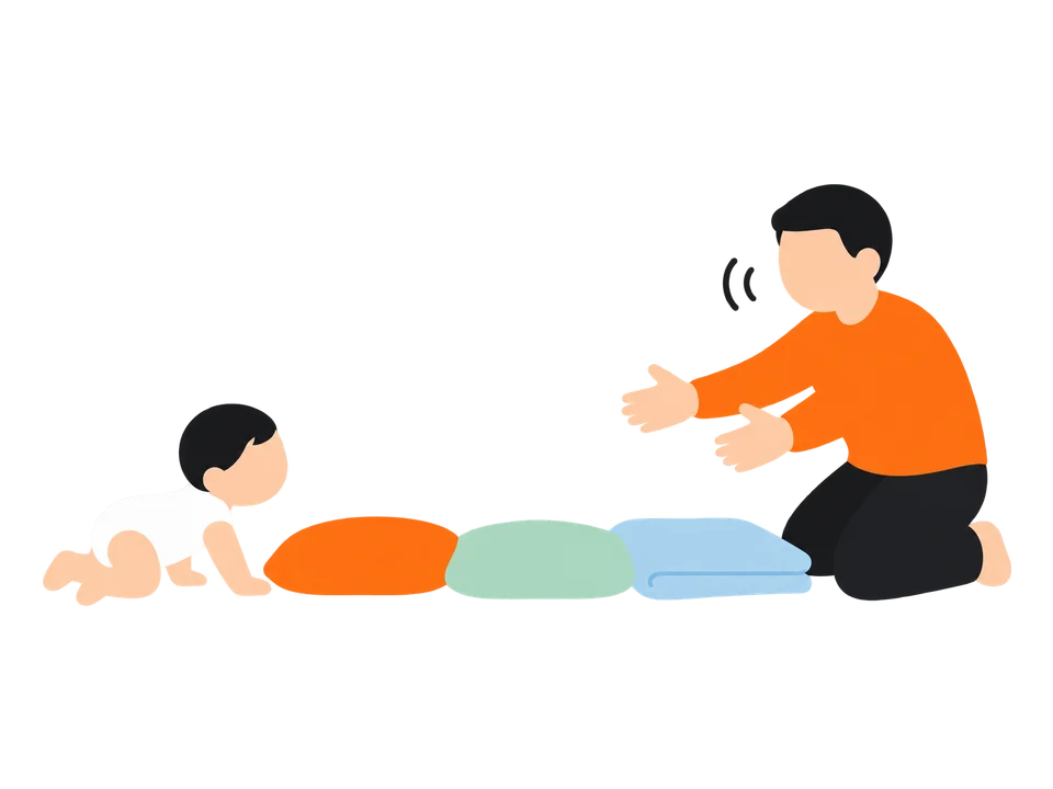 2. 大人が向こう側で、「おいで」と呼びます。