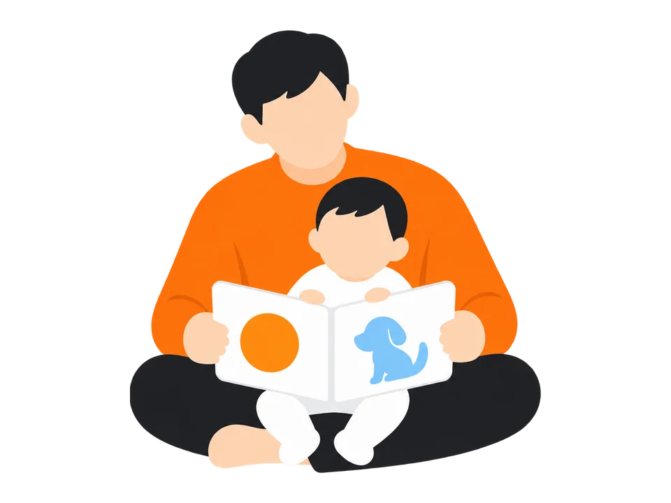 1. 膝の上や隣に座って、子どもから絵が見えるように本を持ちます。