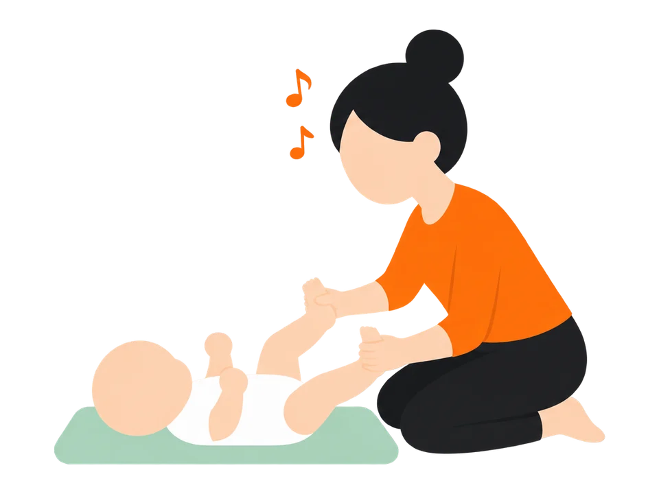 2. 歌いながら、手・足・おなかにやさしくふれます。足をそっと持って、ゆっくり動かしてもかまいません。