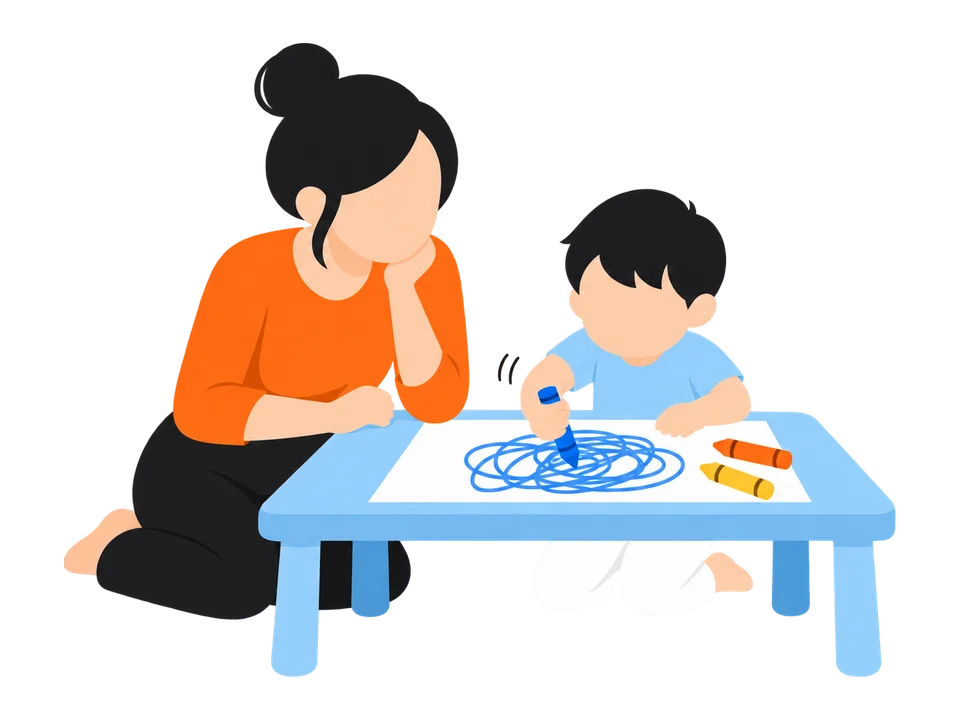 2. 子どもも同じように、ぐるぐる描きます。色を替えて重ねても。