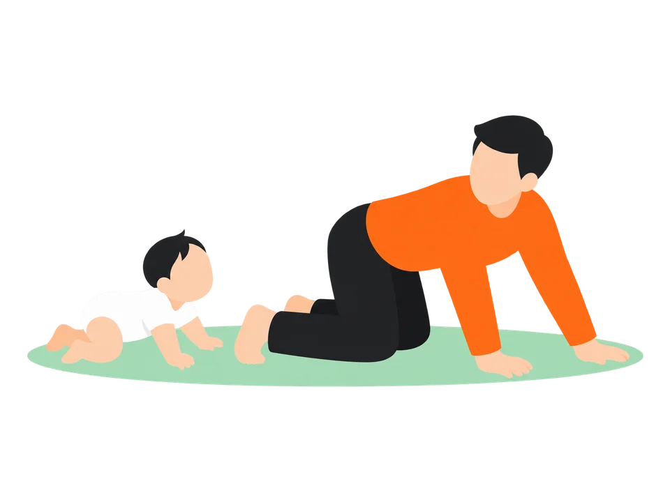 1. 大人がハイハイで、子どもの少し前を進みます。振り返って、子どもを呼びます。