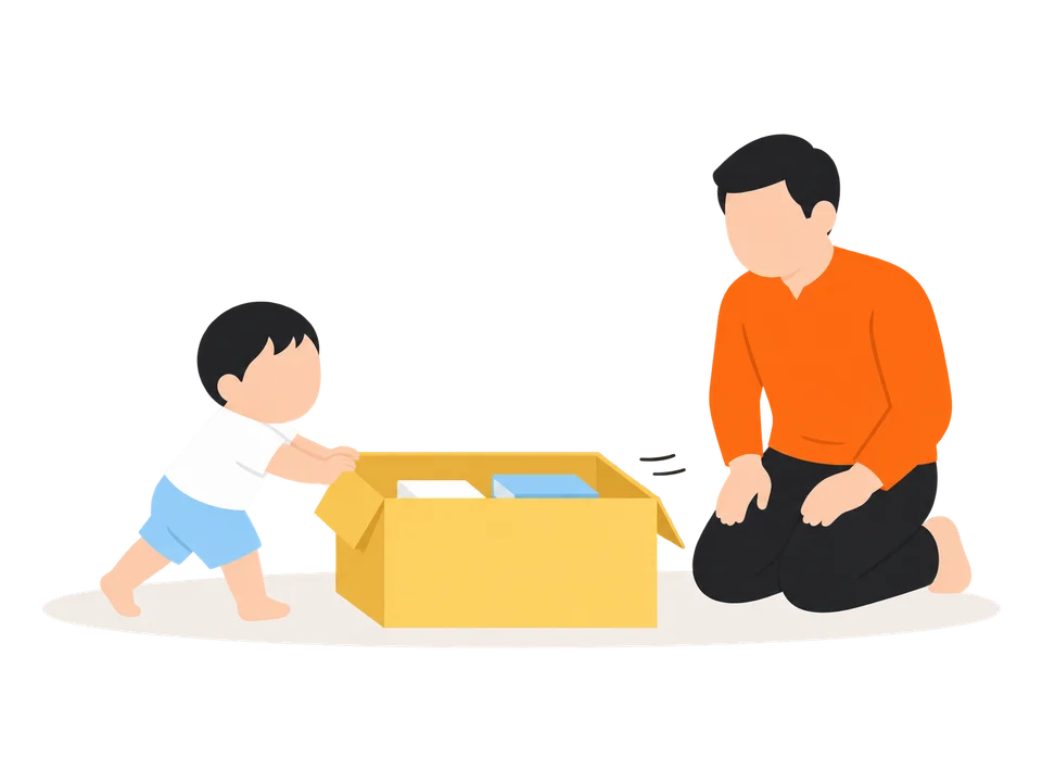 2. 箱につかまって押すと進むのを見せて、子どもが押して歩きます。