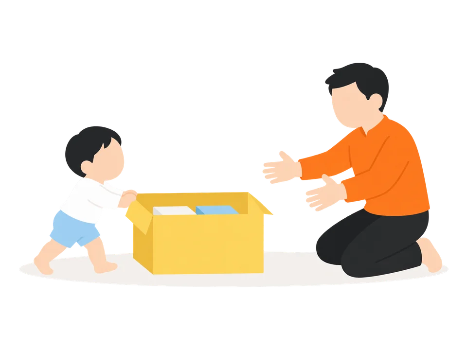 3. 広い所で、大人が少し前で待ちます。着いたら一緒に喜んで、向きを変えてまた進みます。