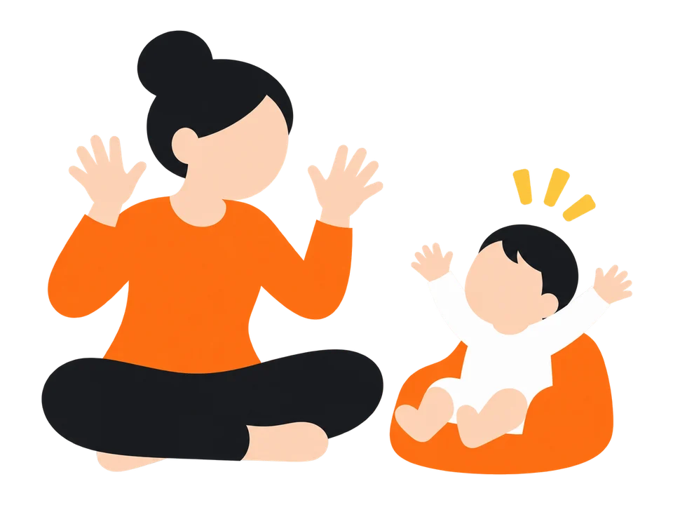2. 少し間をあけて、手を開いて「ばあ」。笑顔を見せます。