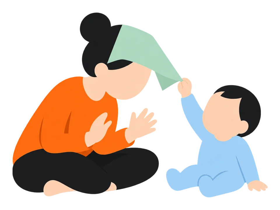 3. 慣れたら、ハンカチを大人の頭にかけて、子どもに取ってもらいます。