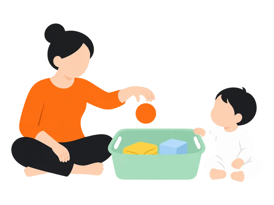 1. 大人がかごに物を1つ入れて見せます。