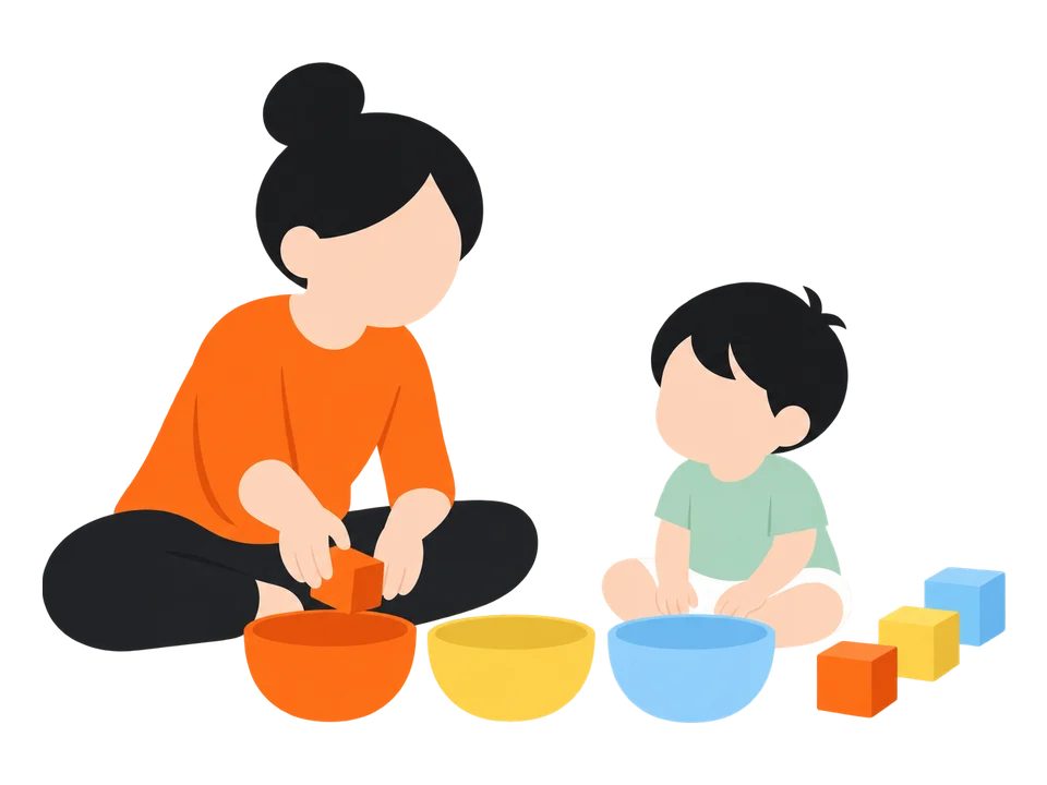 1. オレンジの器に、オレンジの物を1つ入れて見せます。