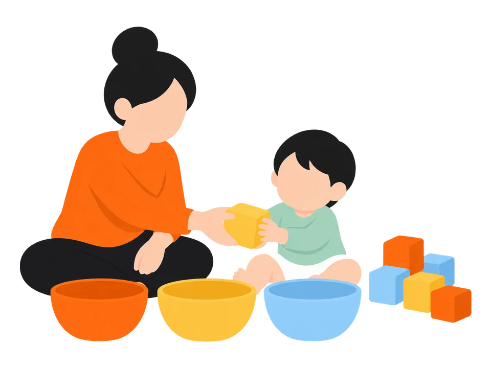 2. 子どもに1つずつ渡して、「どこに入れる？」と聞きます。