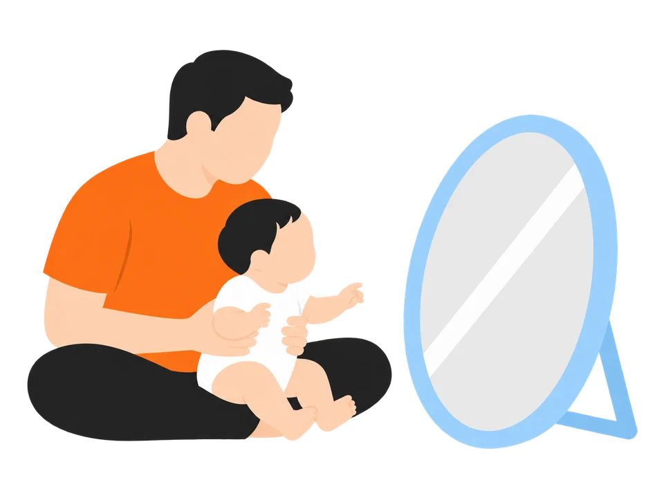 1. 子どもを膝にのせるか、横に座って、鏡を正面に置いて一緒にのぞきます。