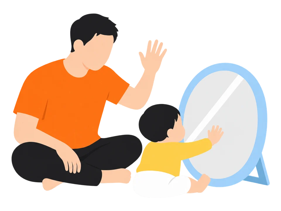 3. 鏡の中の大人に手をふったり、子どもが鏡にさわるのを見守ったりします。