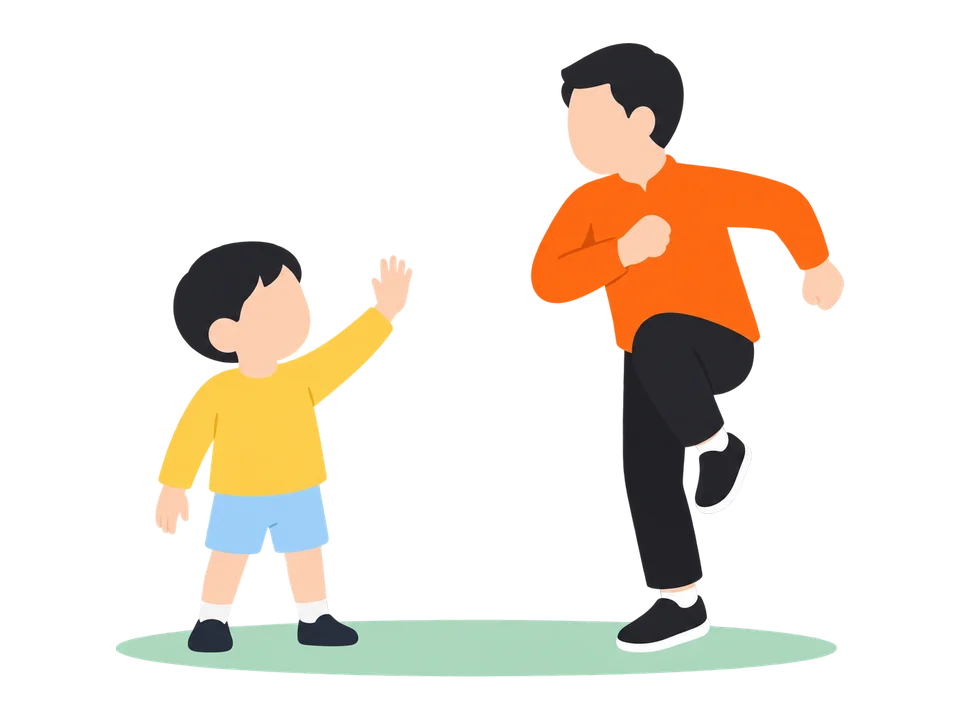 3. 役を交代して、子どもが「よーい、どん」「とまれ」の合図を出します。