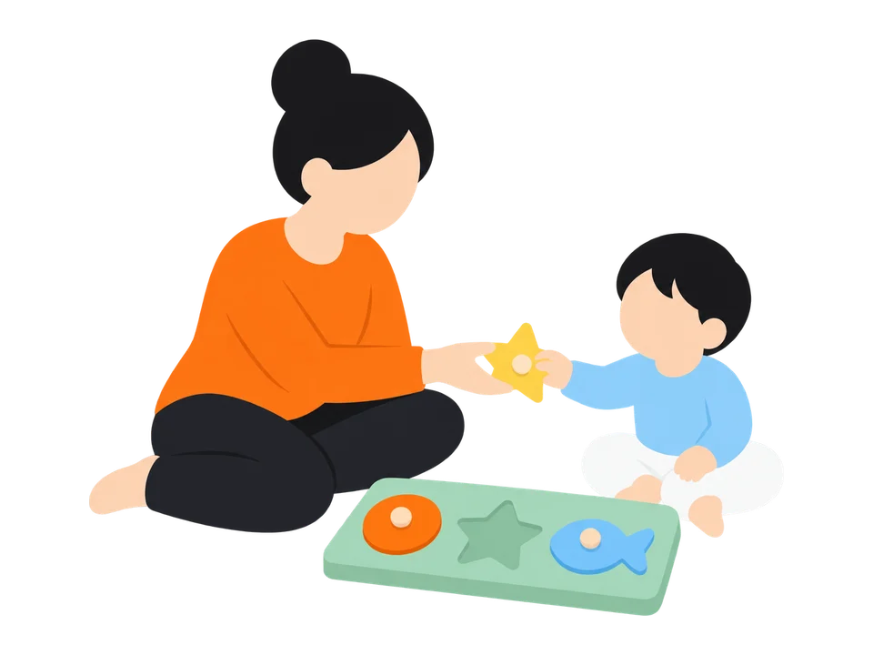 2. 子どもに1ピースずつ渡して、はめてもらいます。