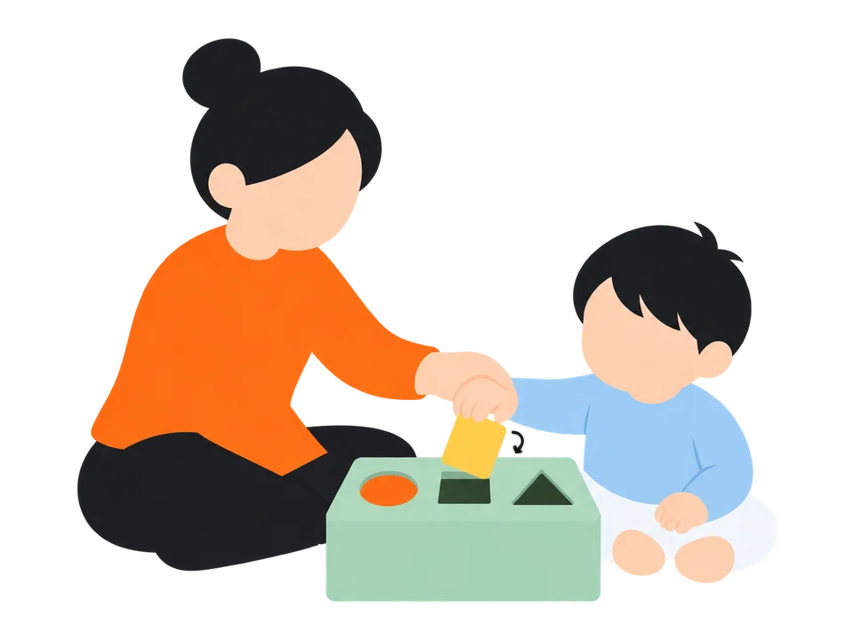 3. 入らないときは、穴の上で向きを少し変えるのを手伝います。最後に入れるのは子どもに。