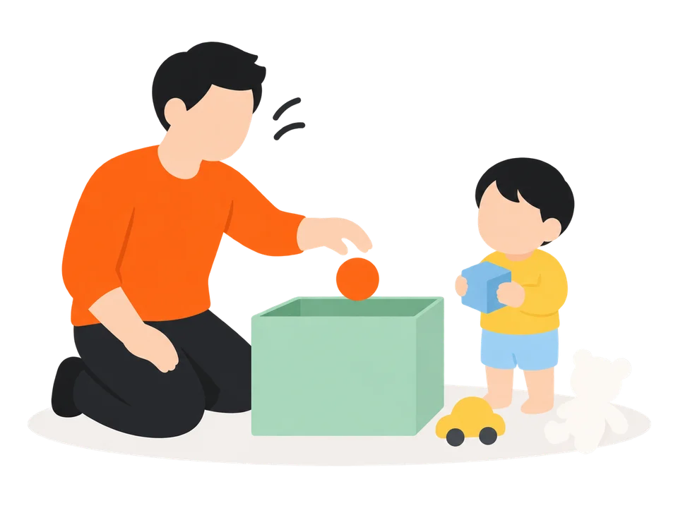 1. 「おもちゃ、おうちに帰ろう」と言って、1つ入れて見せます。