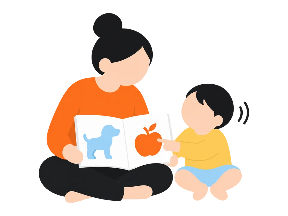 2. 子どもが答えたり指さしたりしたら、言葉を少し足して返します（「りんご、赤いね」）。