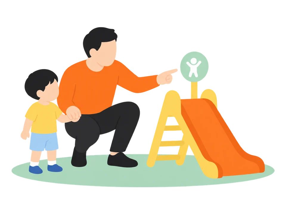 1. 遊具の対象年齢の表示を大人が確かめます。表示が無いときは、子どもの体に合った低い遊具を選びます。