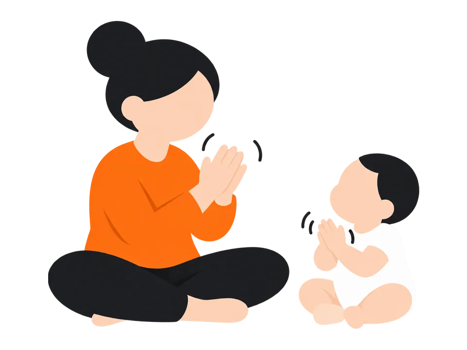 2. 子どもがまねしたら、大人も同じ動きで返します。子どもが先にした動きを、大人がまねしてもかまいません。