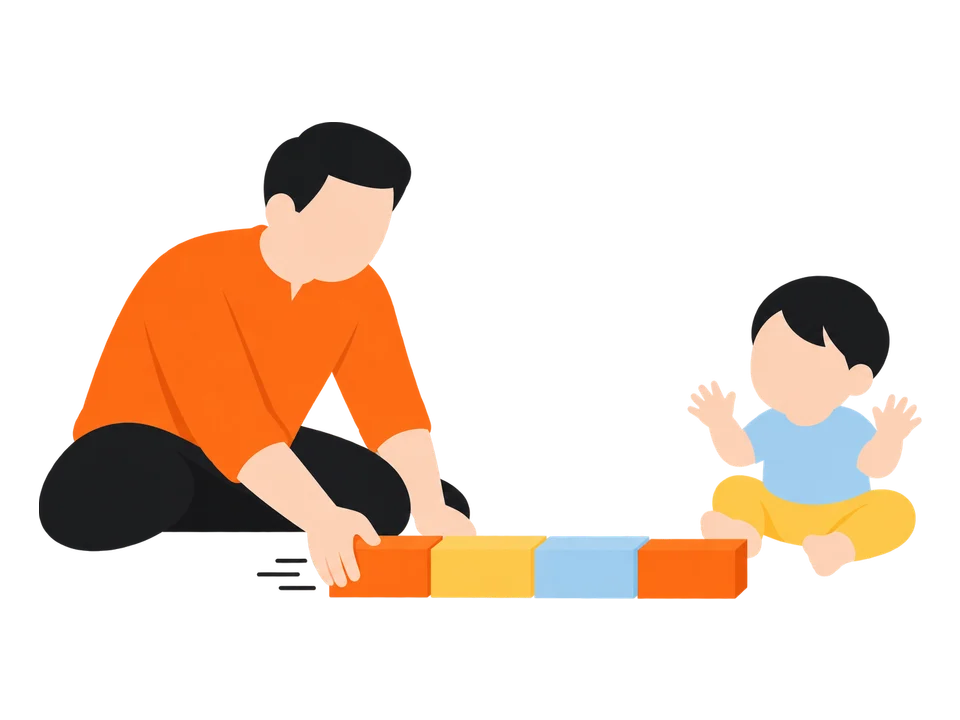 1. 積み木を横に並べて、「でんしゃ」と言って動かして見せます。