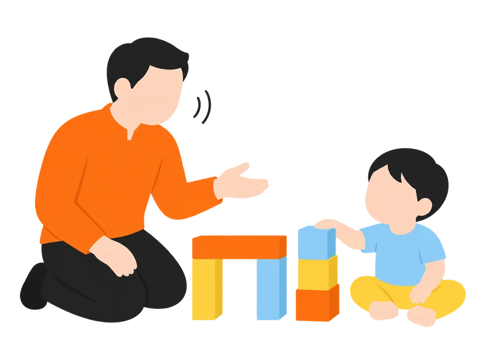 2. 子どもが並べたり積んだりしたら、「これはなあに？」と聞きます。