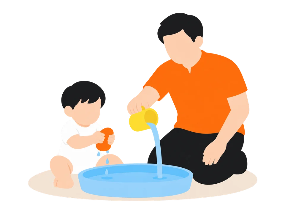 2. コップで水をすくって、こぼして見せます。子どもも同じようにすくったり、スポンジをしぼったりします。