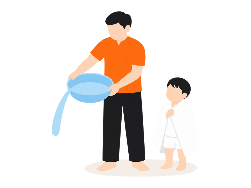 3. 終わったら、すぐに洗面器の水を捨てて、体をふいて着替えます。