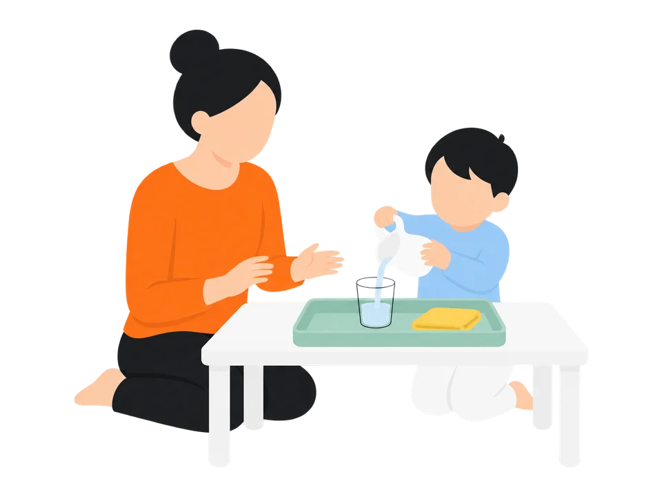 2. 子どもが自分でそそぎます。大人は手を出さずに見守ります。