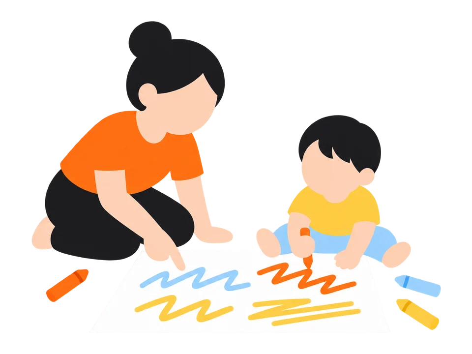 3. 子どもが描いたら、「長い線だね」「オレンジだね」など、線や色のことを話します。