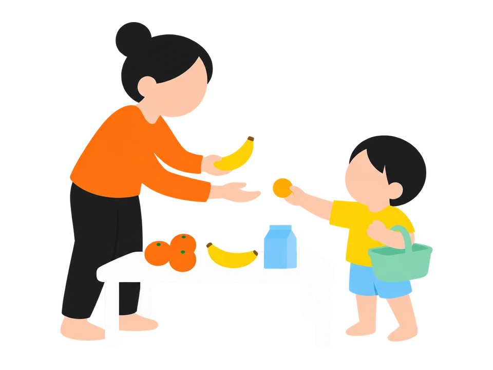 2. 子どもがお客さんになって「くださいな」、大人が店員で「どうぞ」とやりとりします。