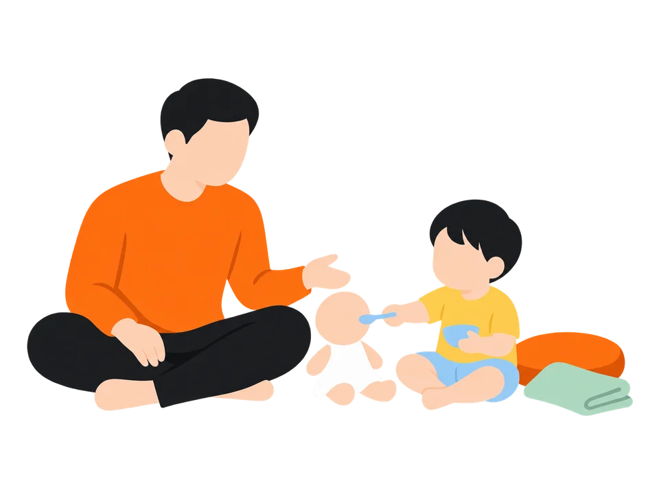 2. 子どもに「ごはんあげて」と頼みます。スプーンで食べさせるまねを、子どもがします。