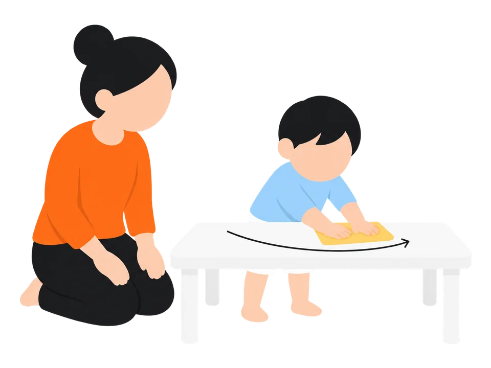 2. 子どもに、端から端までふいてもらいます。
