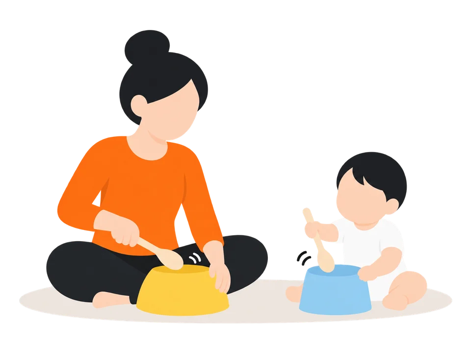 3. 子どもがたたいたら、強い・弱い、速い・ゆっくりを、大人がまねして返します。