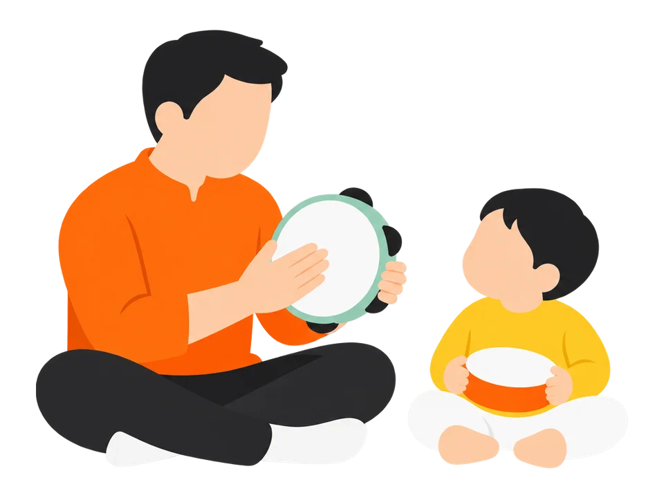 1. 歌に合わせて、大人がタンバリンなどをたたいて見せます。