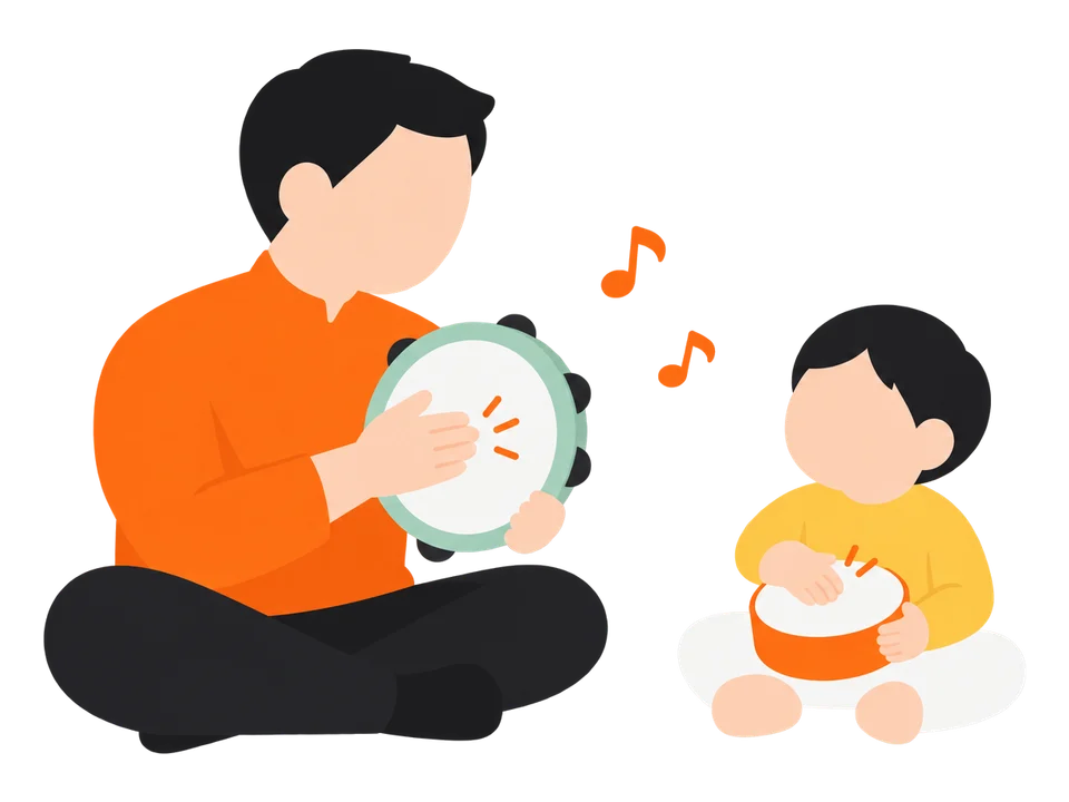 2. 子どもにも楽器を渡して、一緒にたたきます。