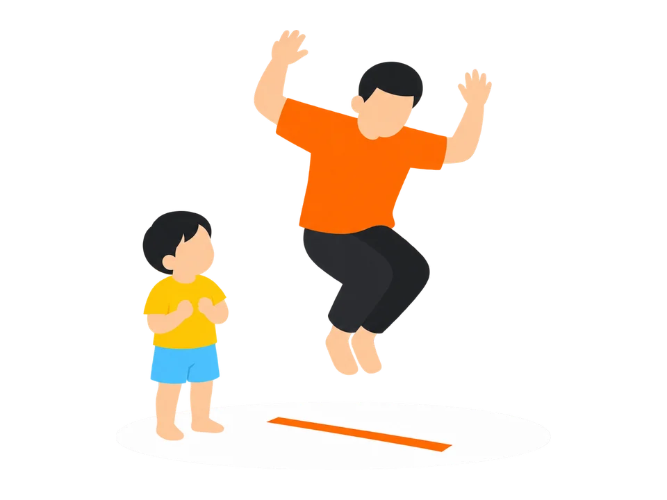 2. 大人が両足をそろえて、線をとびこえて見せます。
