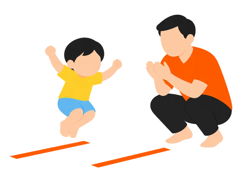 3. 子どもが線をとびこえたら、少し先に線を増やして、続けてとびます。
