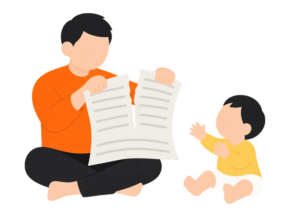 1. 子どもと向かい合って座ります。大人が新聞紙を縦に持って、上からビリビリとやぶって見せます。