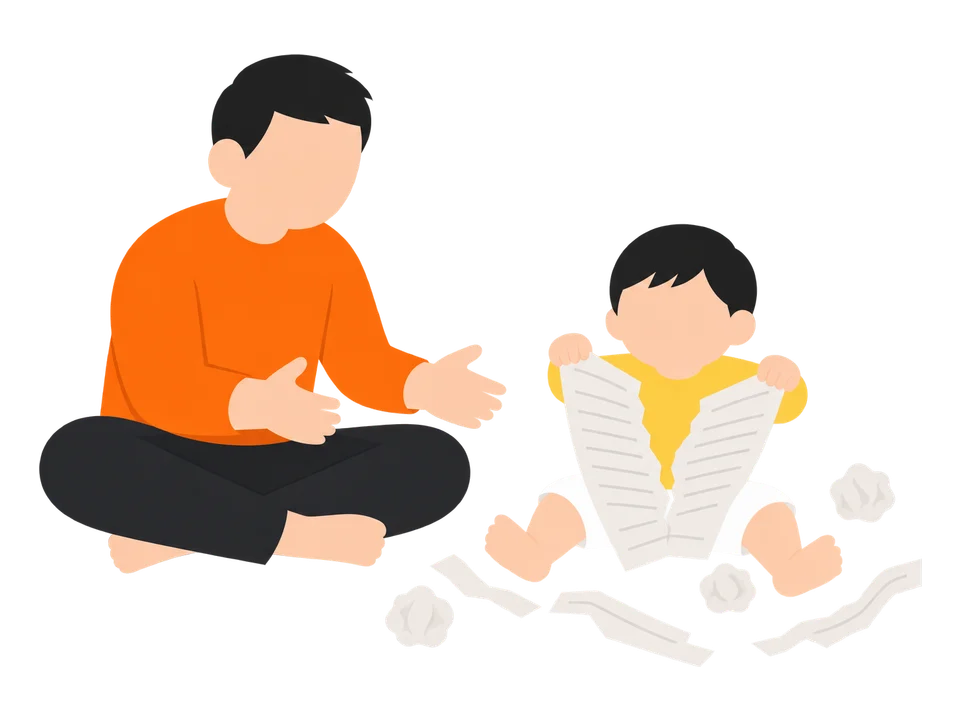 2. 新聞紙を渡して、子どもが自由にやぶったり、丸めたりします。新聞紙は縦の向きにやぶると、まっすぐ長くさけます。