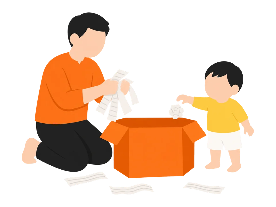 3. 最後は「おかたづけ」と言って、ちぎった紙を一緒に箱や紙袋に集めます。