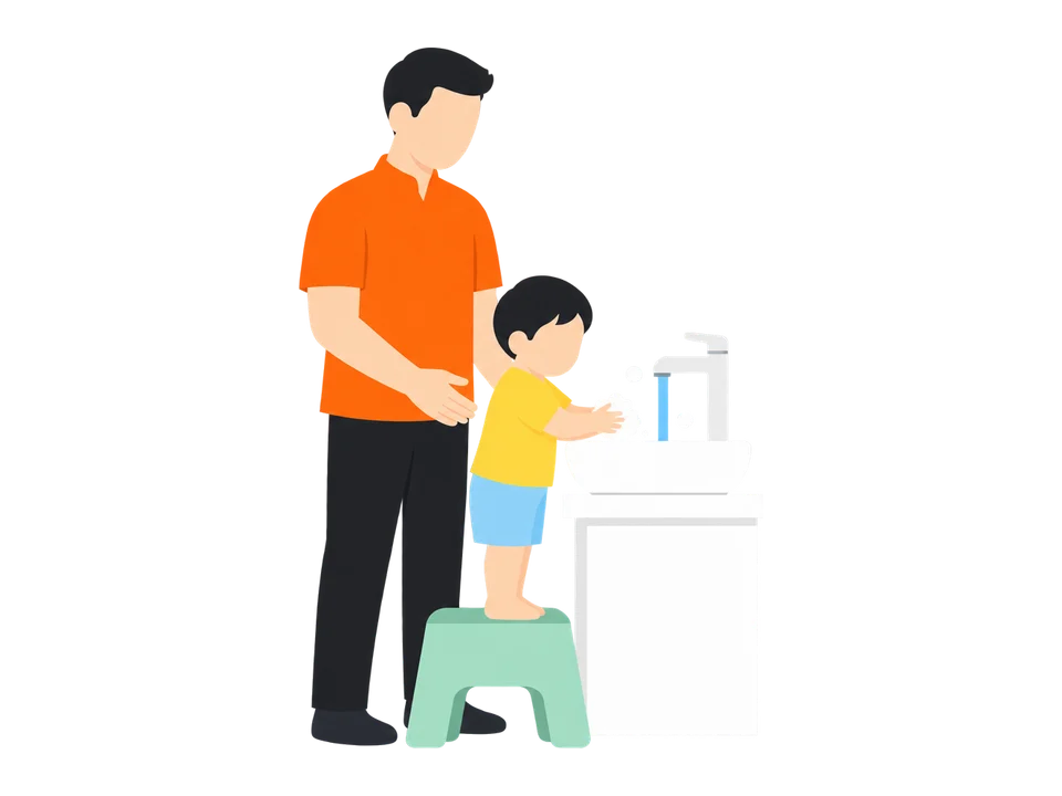 2. 子どもが安定した踏み台にのって、同じ順番で洗います。大人はすぐ後ろで支えます。