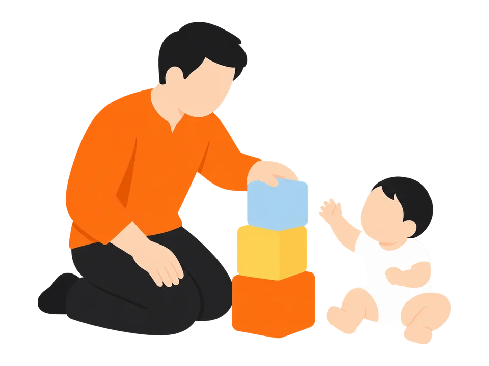 1. 子どもの前で、大人が2〜3個積んで見せます。