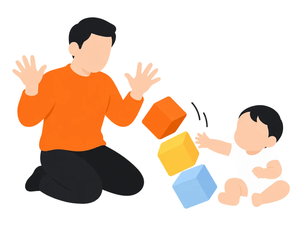 2. 子どもが崩したら「くずれたね」と声をかけて、また積みます。崩すのも遊びのうちです。