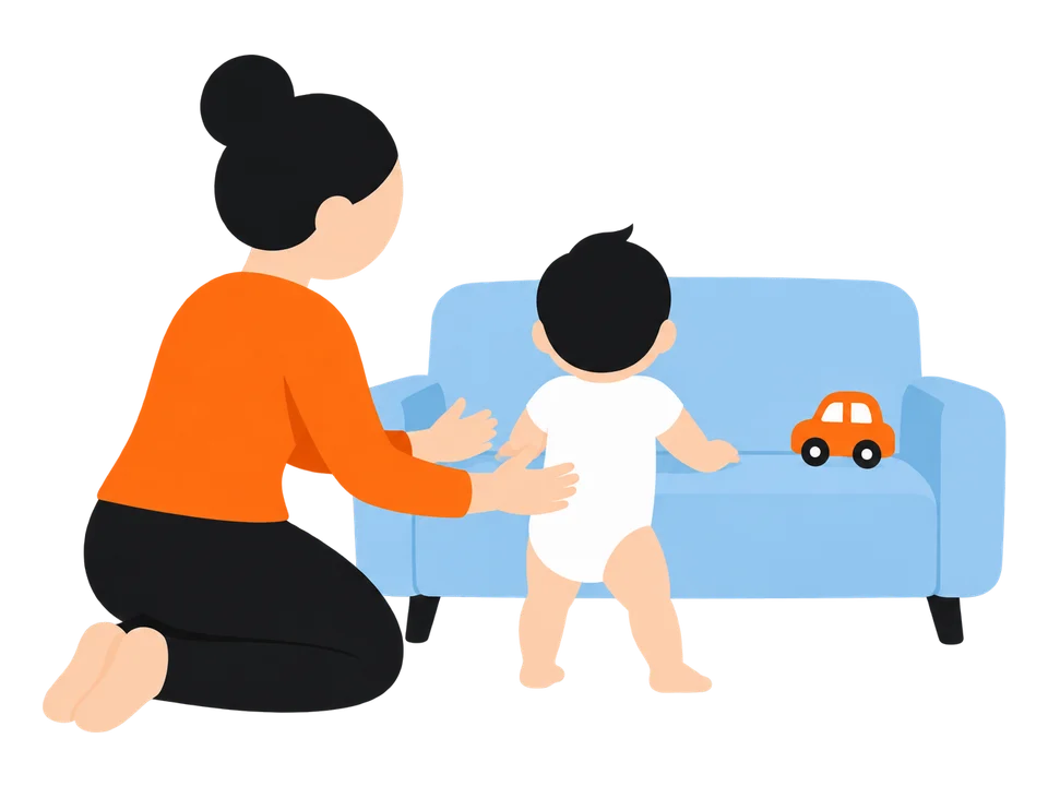 2. 子どもがつかまって横に歩くのを待ちます。大人は後ろで、転びそうなときに支えられる所に。