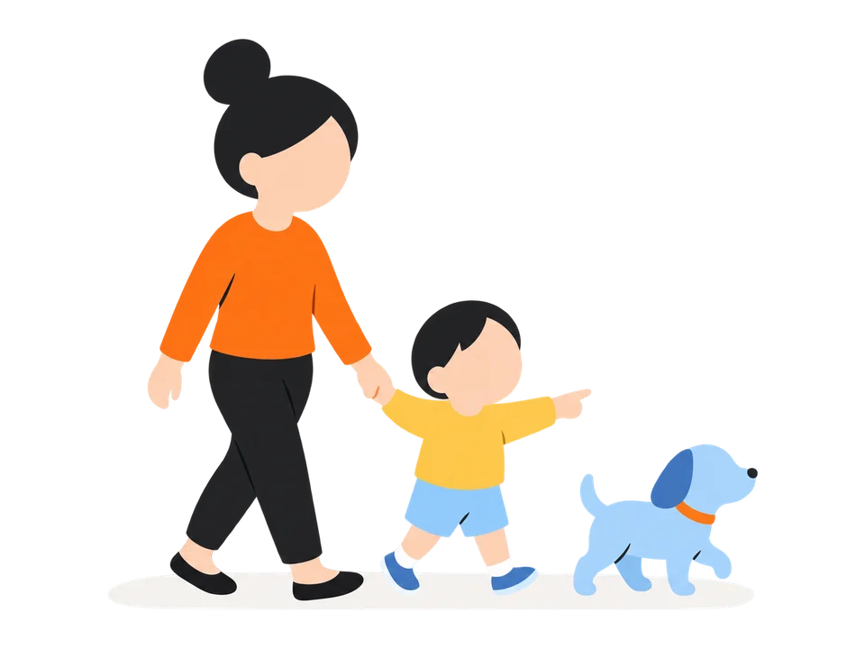 1. 子どもが見ている物を、一緒に見ます。手をつなぐか、ベビーカーの横で。