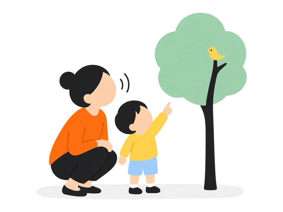 3. 子どもが指さしたら、その物の名前を返します（「とりさん、いたね」）。